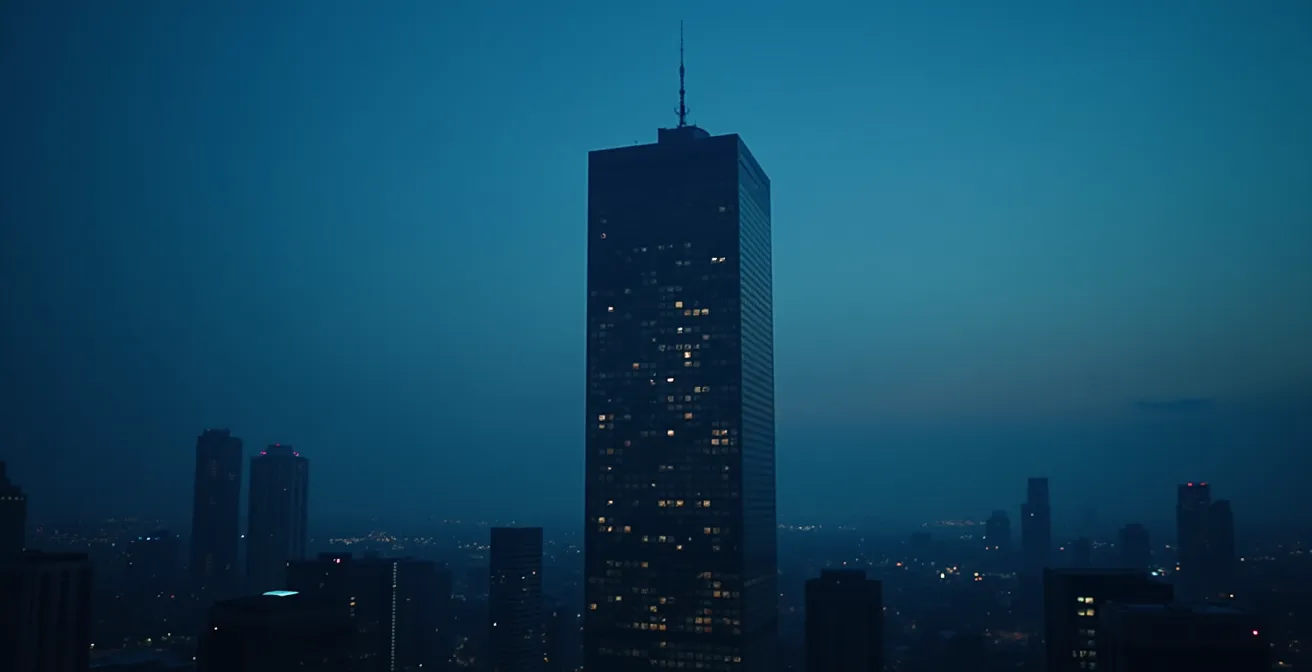 Empty office building at dusk with dark windows symbolizing stranded asset risk