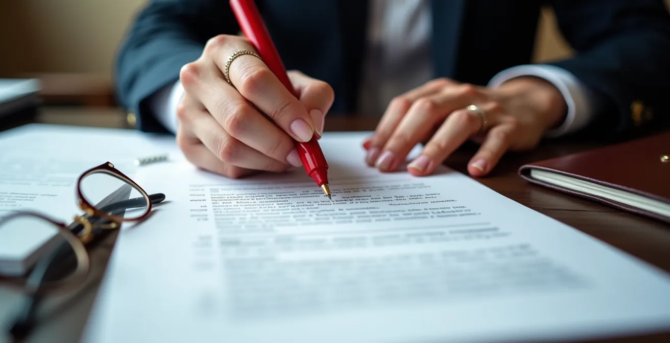 Close-up of hands reviewing legal documents with red warning markers on a conference table
