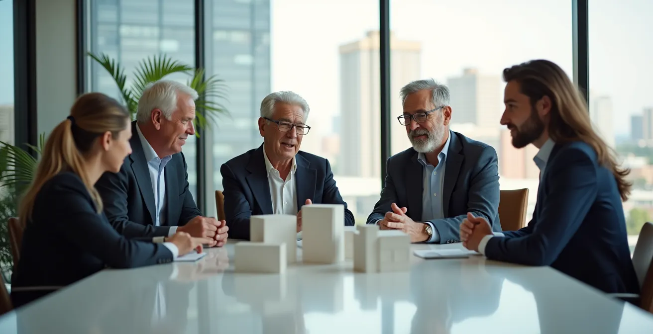 Advisory board members mentoring next generation leaders in modern conference room