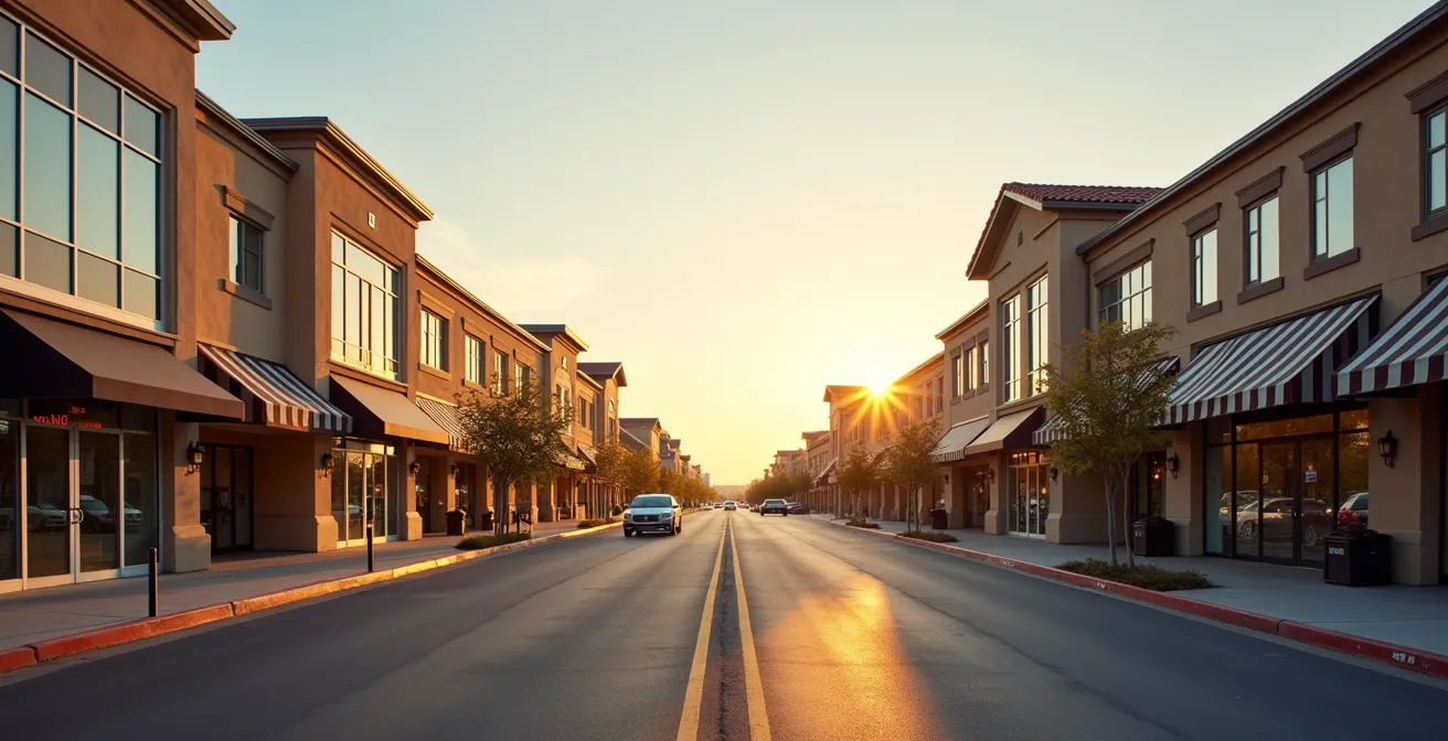 Split view of commercial property with national chain and local business storefronts
