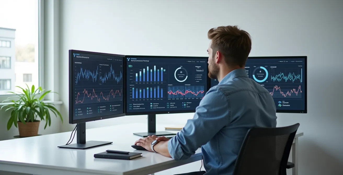 Person analyzing multiple computer monitors showing investment platform metrics and charts