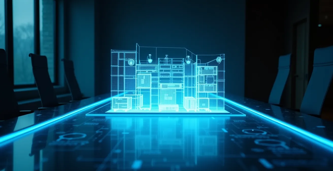 Three-dimensional holographic projection of a warehouse layout floating above a conference table, symbolizing a digital twin.