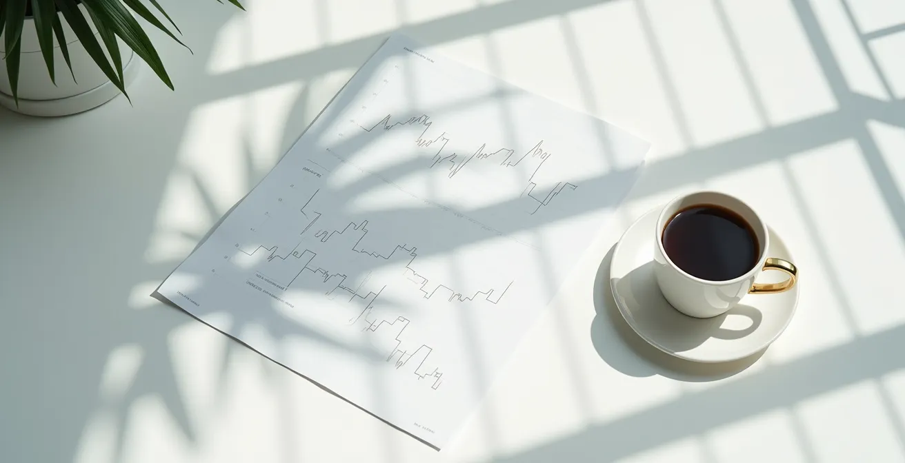 Financial documents and analysis charts spread on desk with coffee and calculator