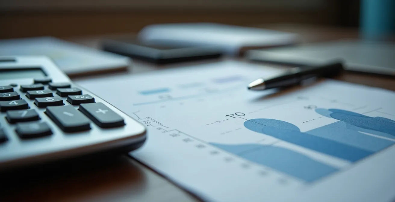 Macro shot of financial analysis tools and calculators on desk