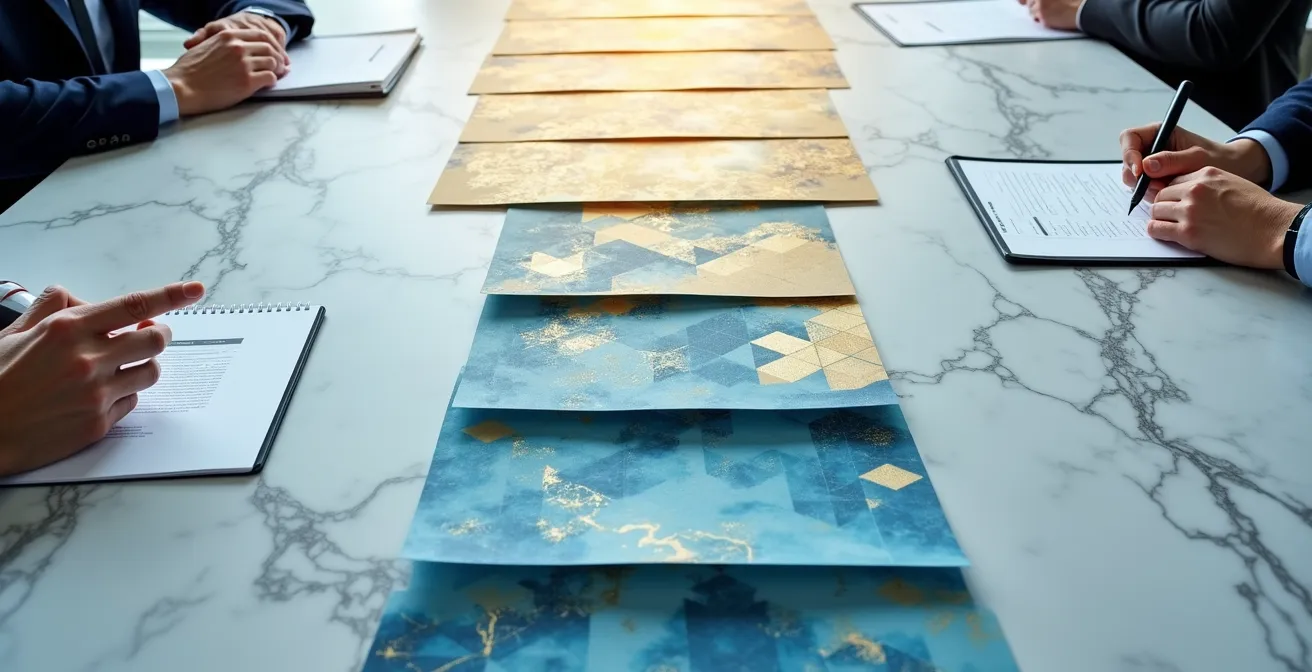 Financial professionals analyzing waterfall distribution charts on a conference table