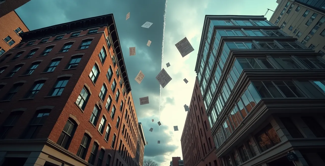 Split composition showing old building transitioning to modern renovated structure with legal documents