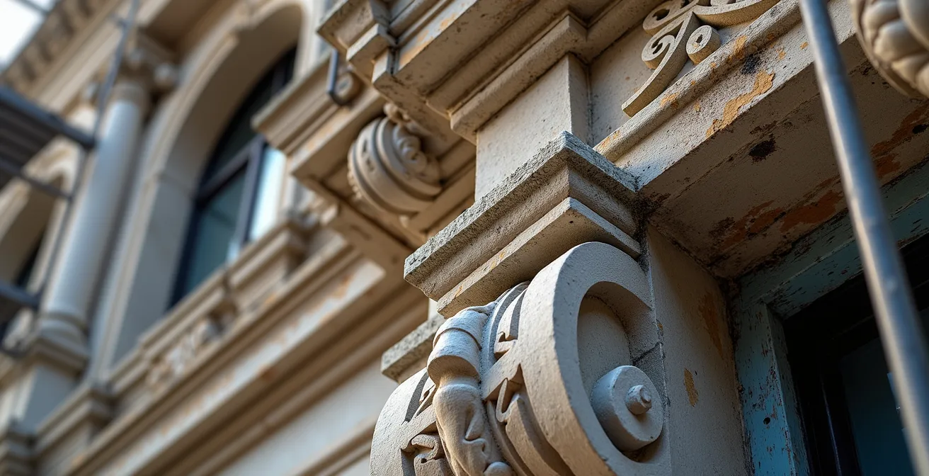 Close-up architectural detail of historic building facade undergoing restoration with scaffolding