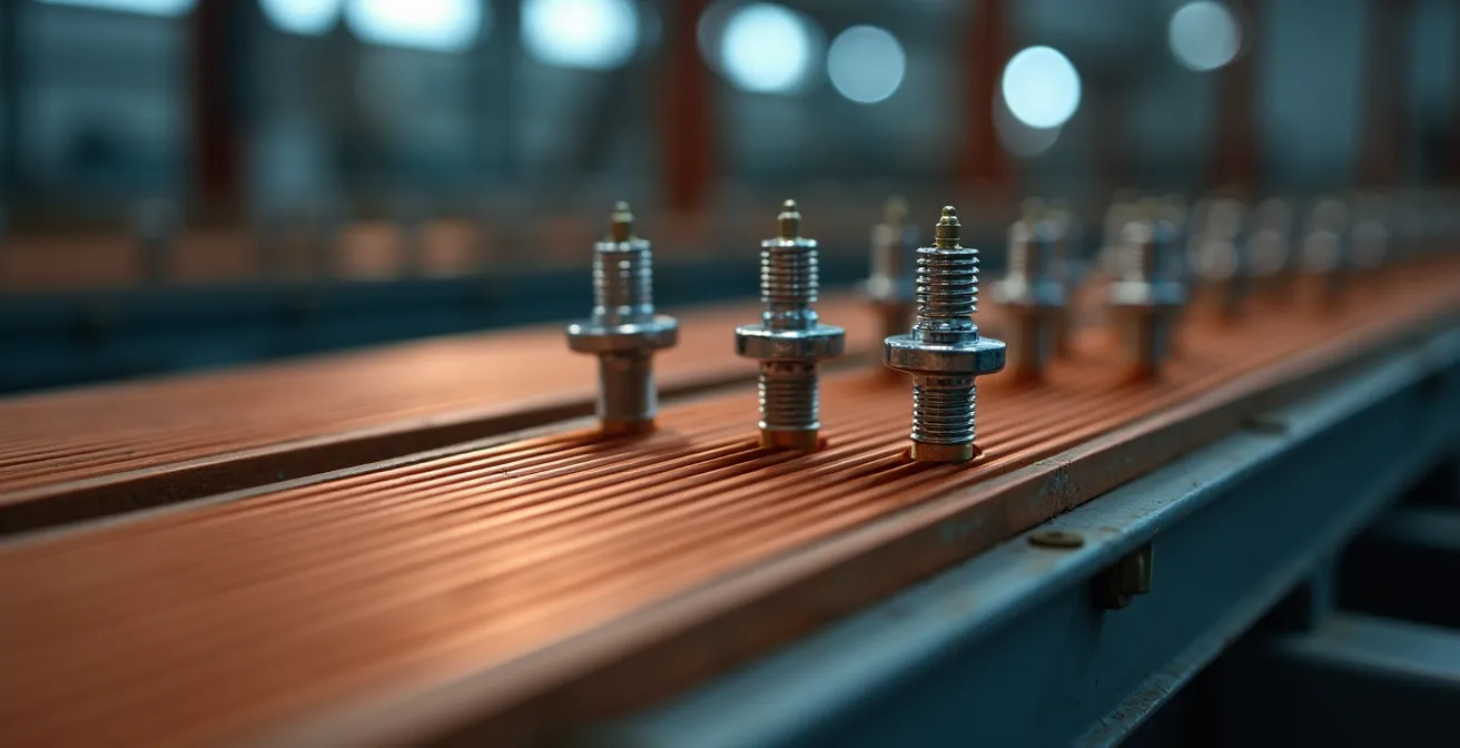 Close-up view of overhead busbar trunking system in industrial facility