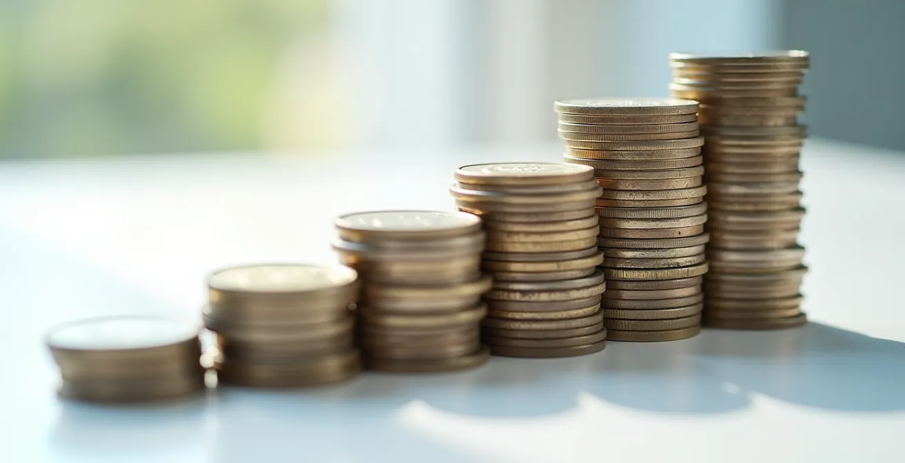 Macro shot of ascending coin stacks with growth chart shadow