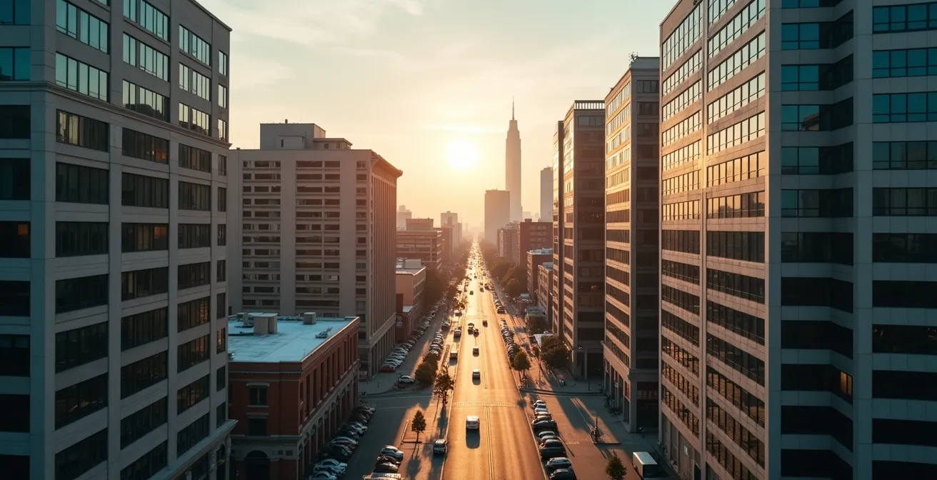 Wide angle view of diverse commercial buildings in urban setting showing portfolio diversification
