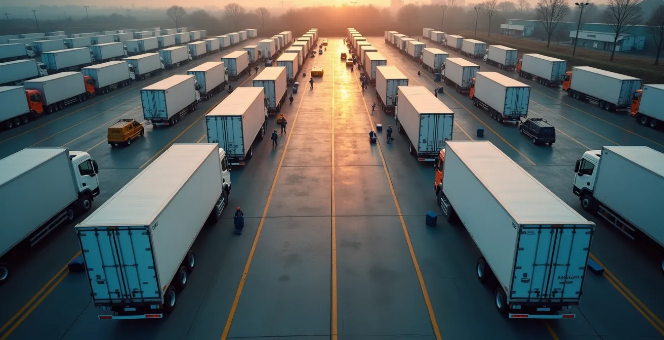 Overhead view of delivery vans at modern distribution center loading docks
