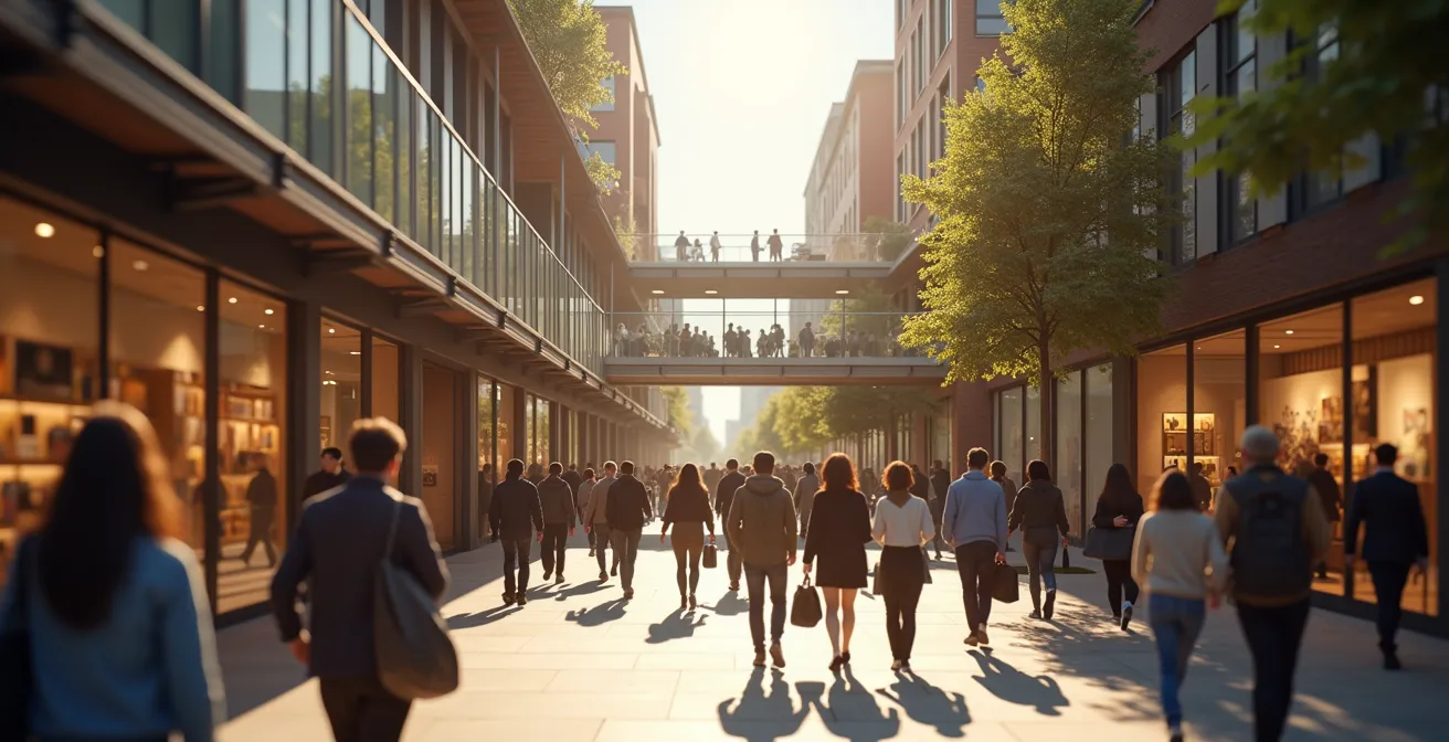 Vibrant mixed-use building with ground floor retail and upper residential units