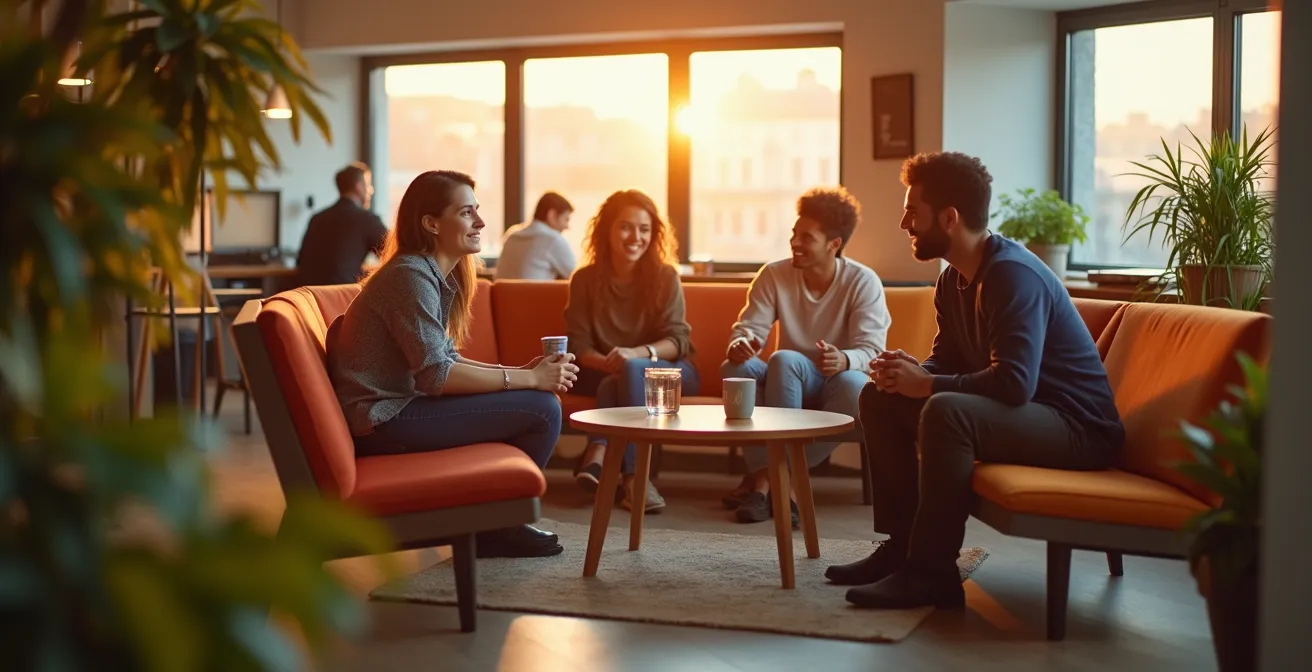 Modern office amenity space with natural light and flexible collaborative areas