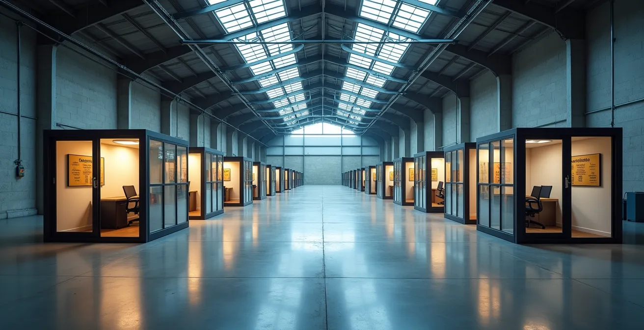 Interior view of a converted warehouse showing modular office pods and flexible workshop stations for small businesses.