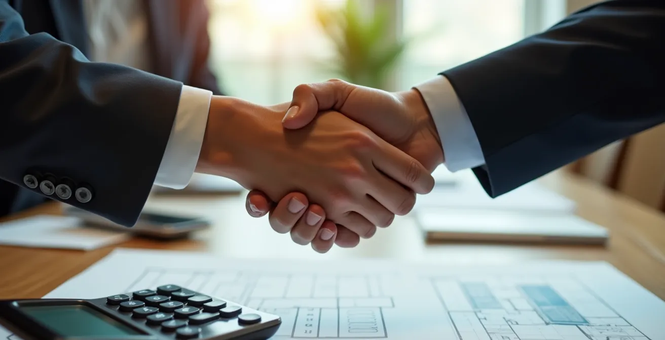 Real estate negotiation scene with professional handshake over contract papers