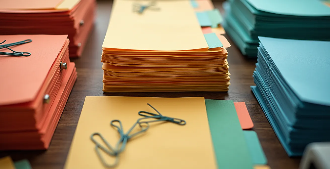 Desk surface covered with neatly arranged paper stacks and color-coded folders