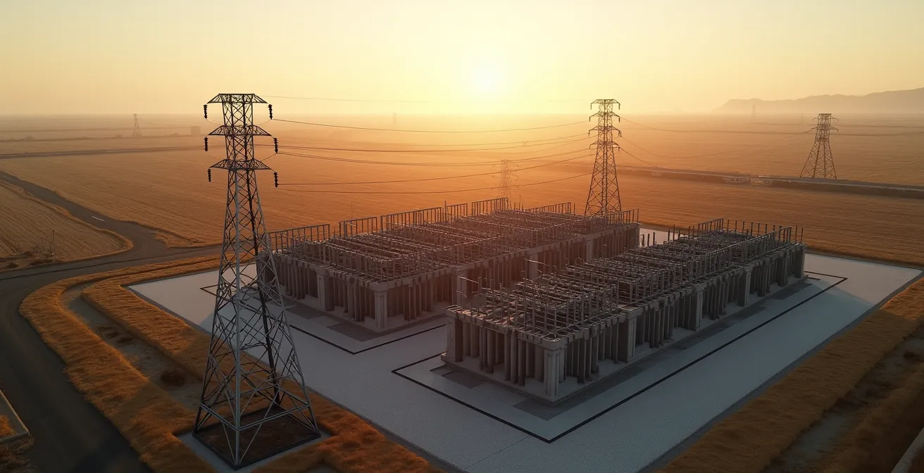Aerial view of electrical substation near potential data center development site