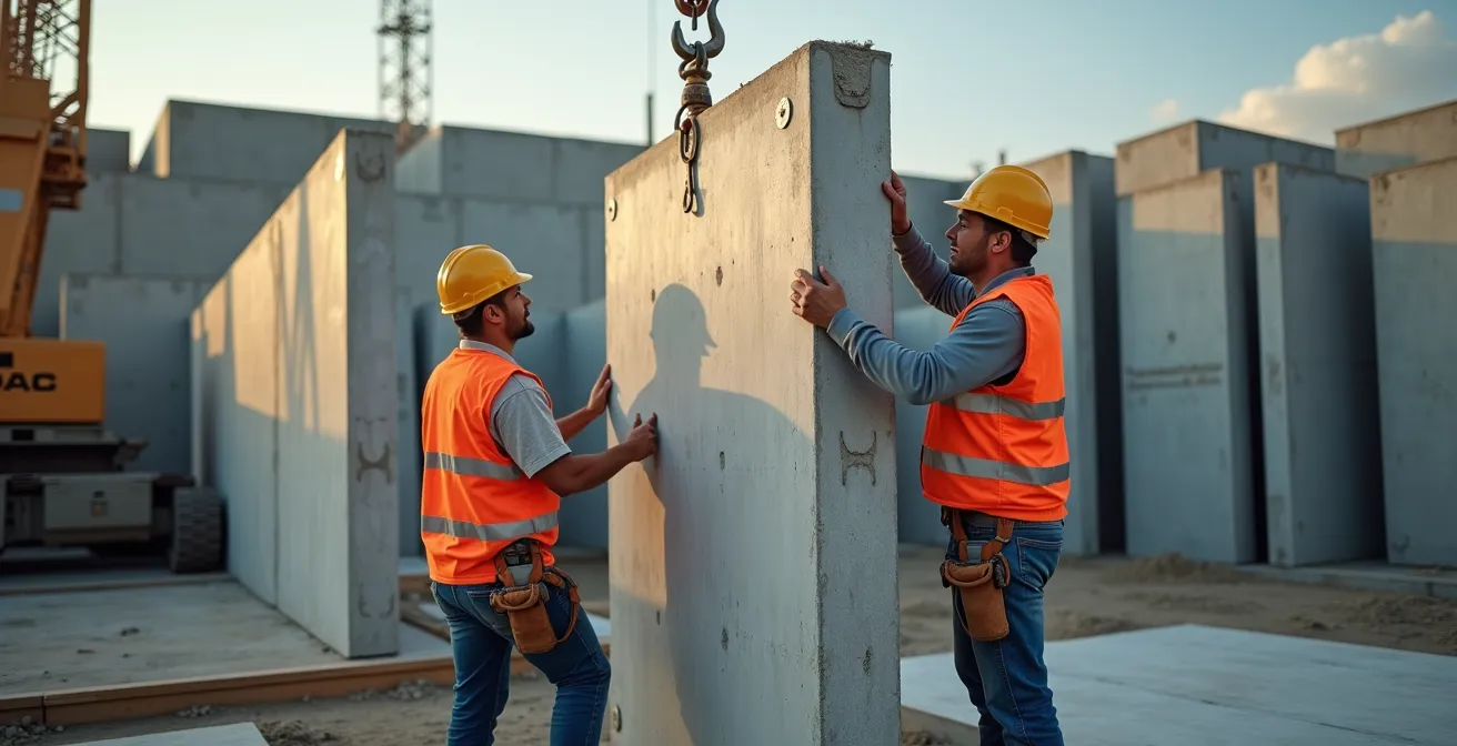 Modern prefabricated building components being assembled on a construction site by a team of workers.