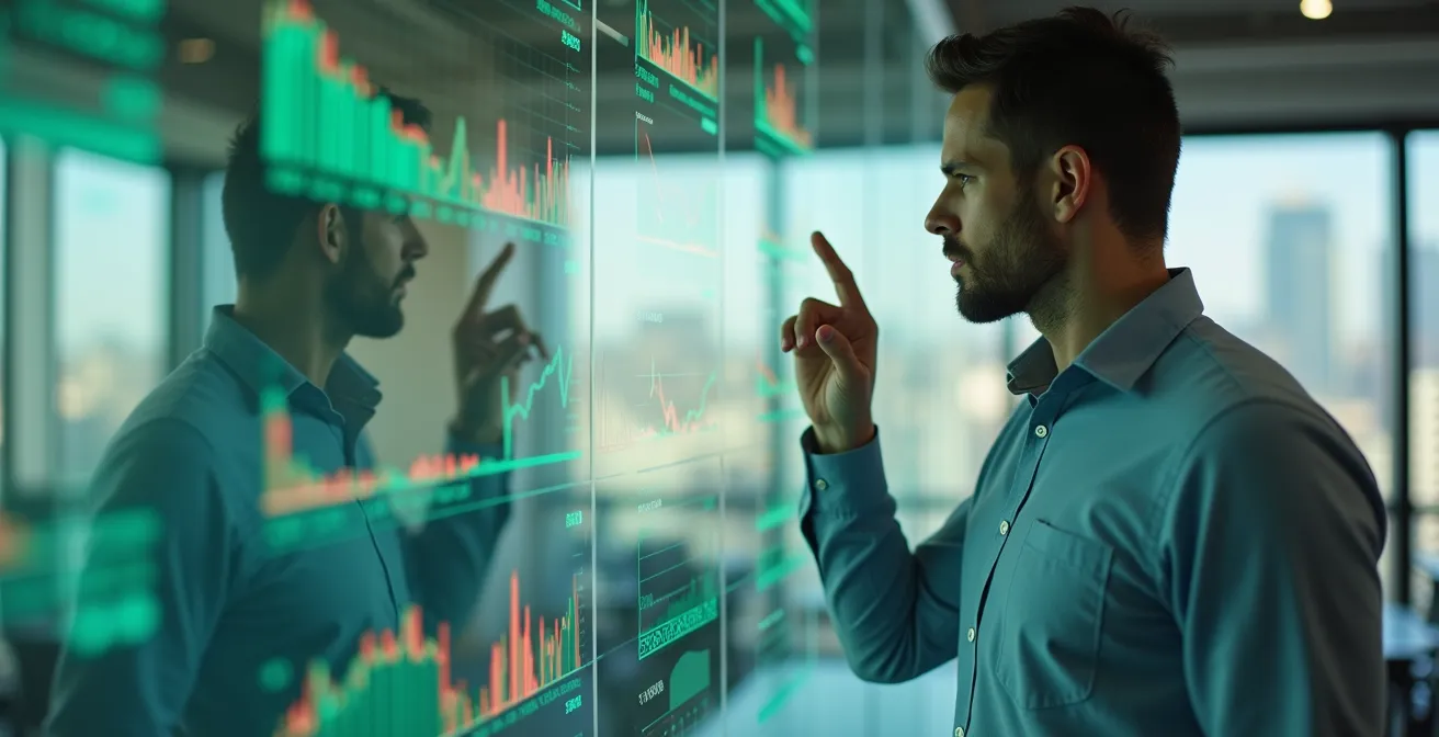 Business analyst reviewing multiple scenario projections on transparent glass boards