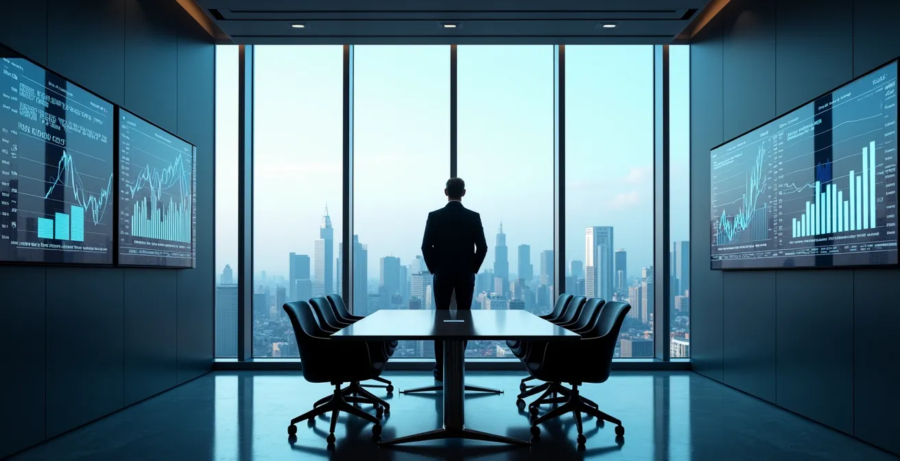 Asset manager reviewing property portfolio performance metrics in modern office