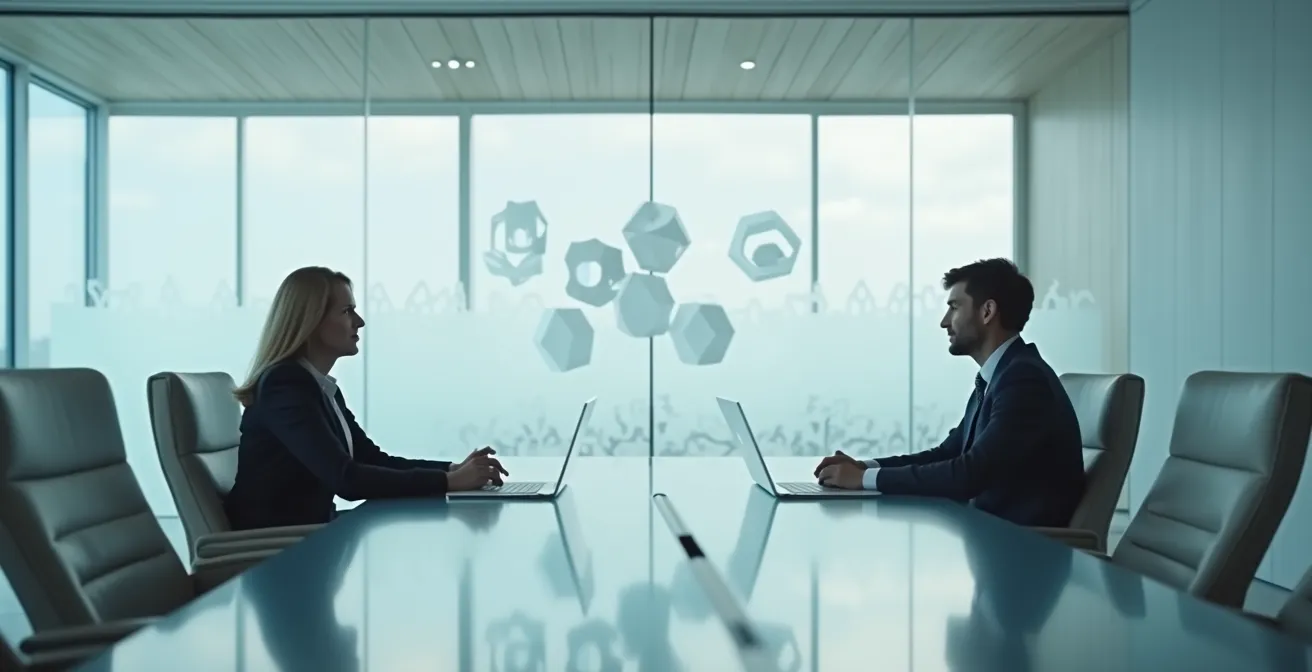 Business professionals reviewing secure verification documents in modern office setting