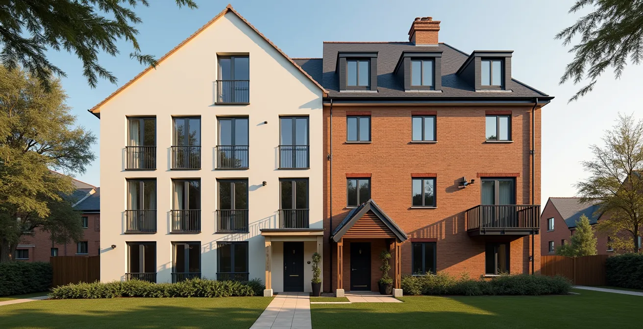 Split-screen comparison showing modern purpose-built student housing versus converted residential property