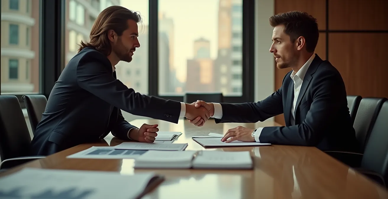 Business professionals negotiating property deal structure with entity documents