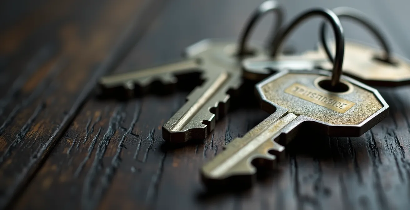 Extreme close-up of commercial property keys with selective focus