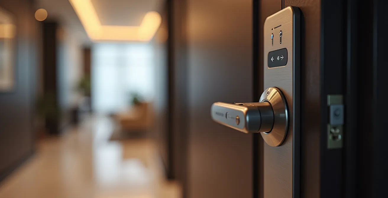 Modern apartment building with integrated smart technology and automation systems