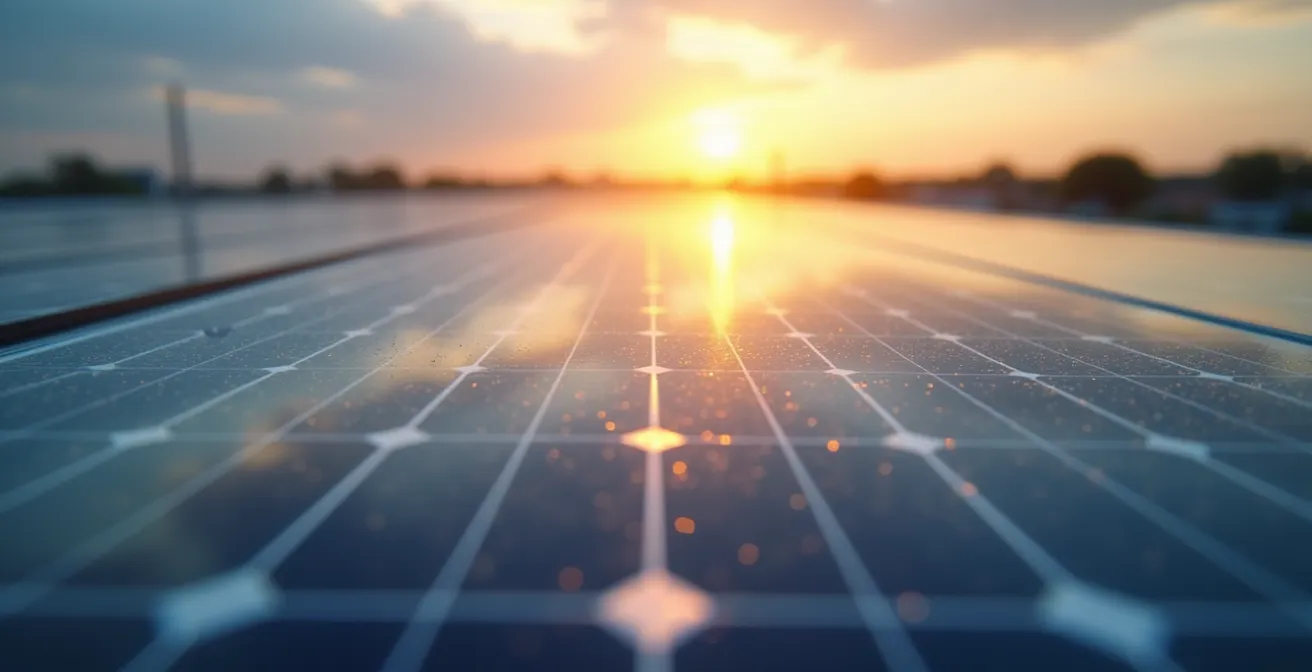 Commercial building rooftop with extensive solar panel array at sunset