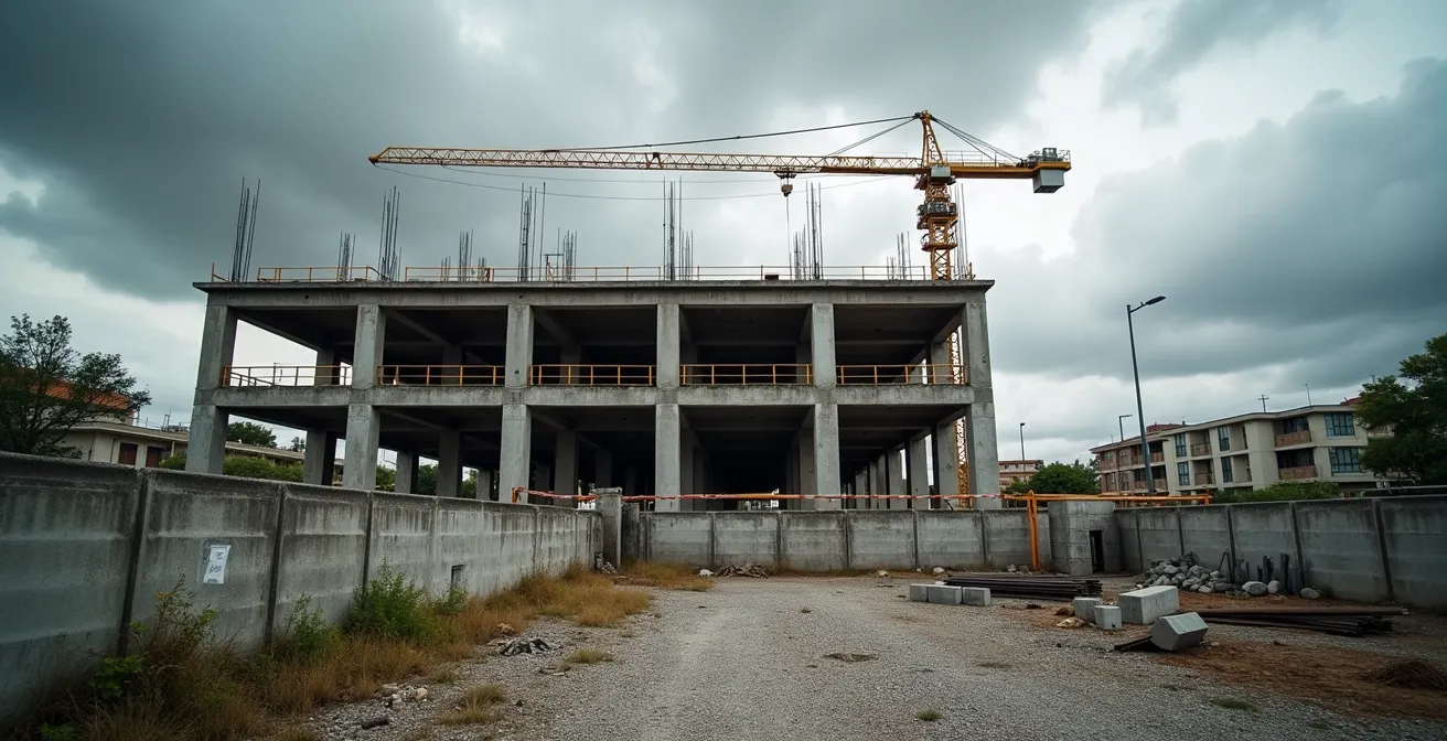 Half-completed building construction site showing signs of abandonment