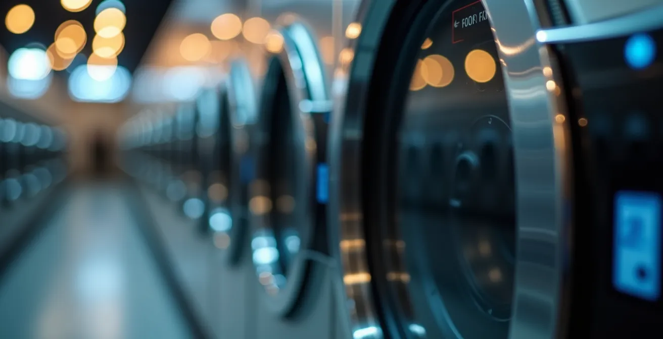 Macro close-up of coin-operated laundry machines with app-based payment systems in modern student housing facility