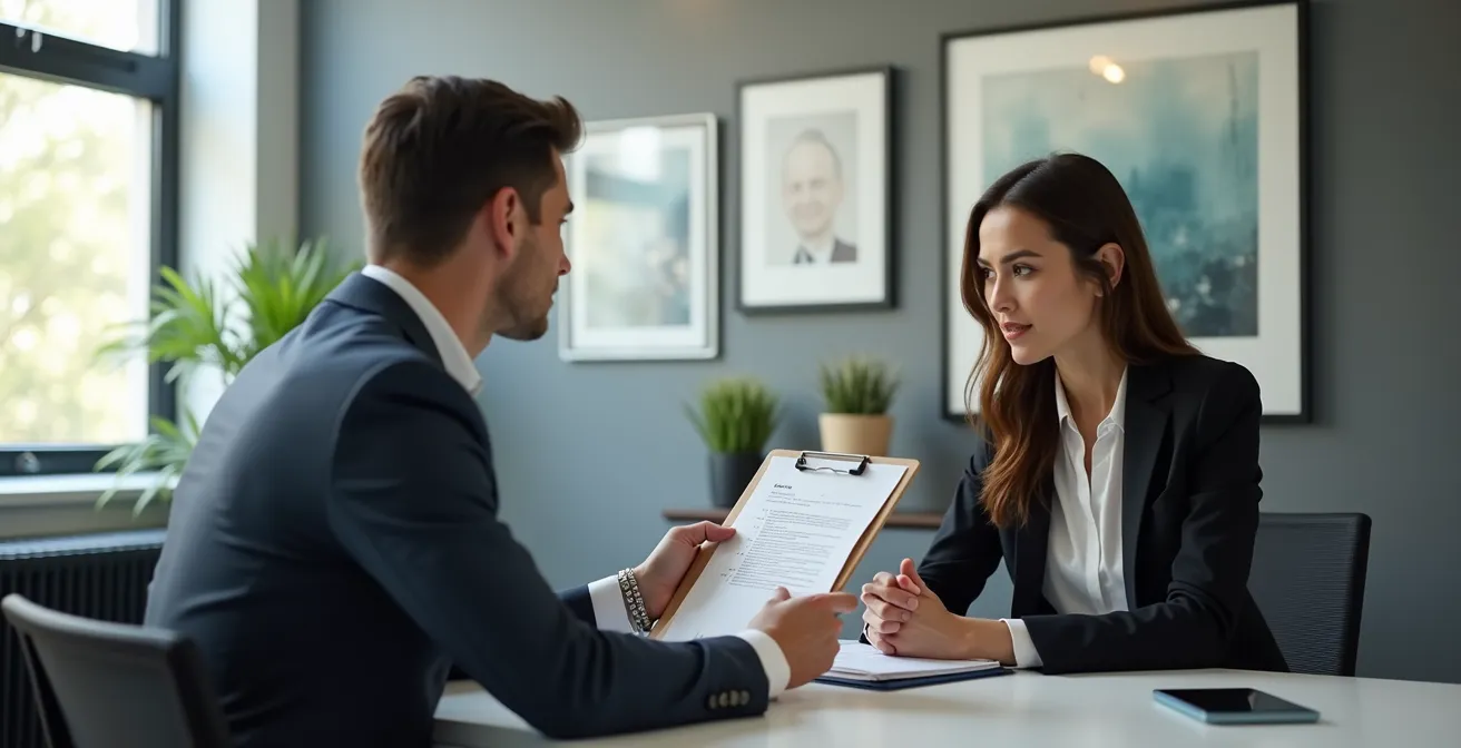 Professional property manager conducting tenant screening interview in modern office setting