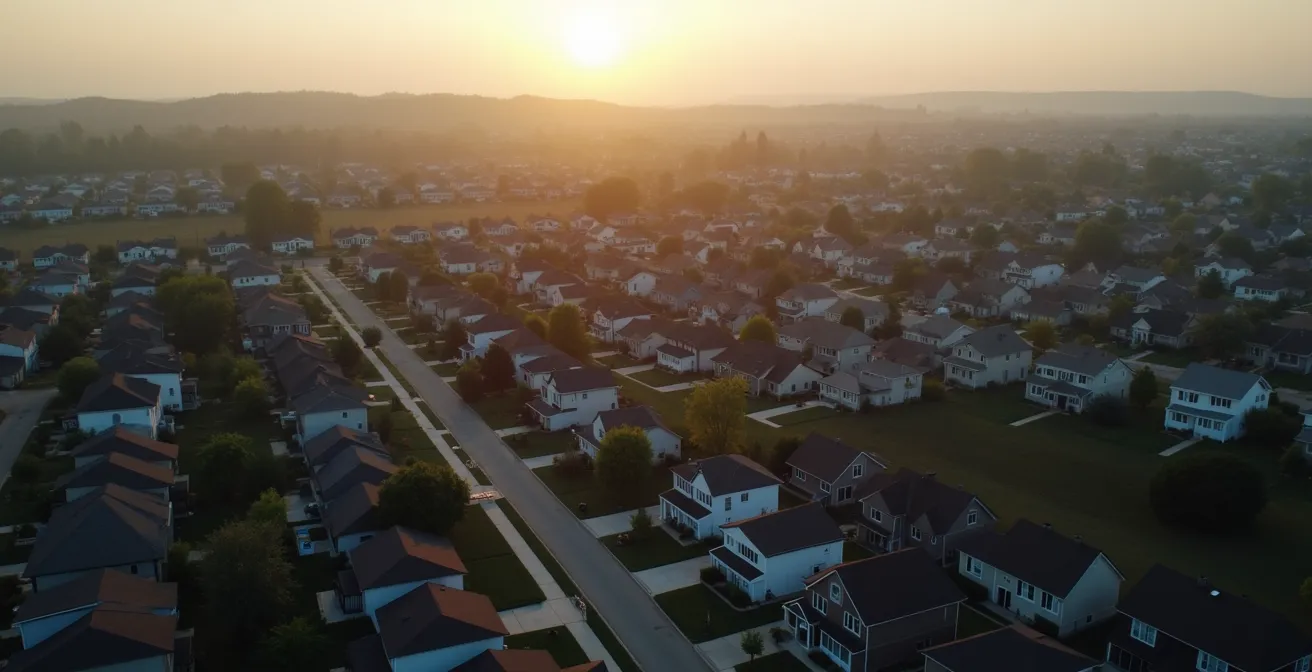 Aerial view of a suburban neighborhood showing property clustering patterns