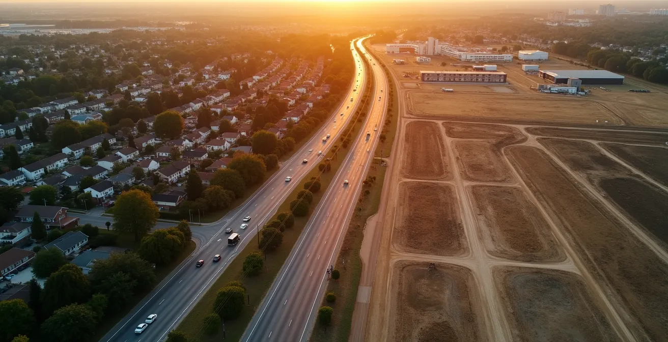 Aerial view of city outskirts showing development patterns