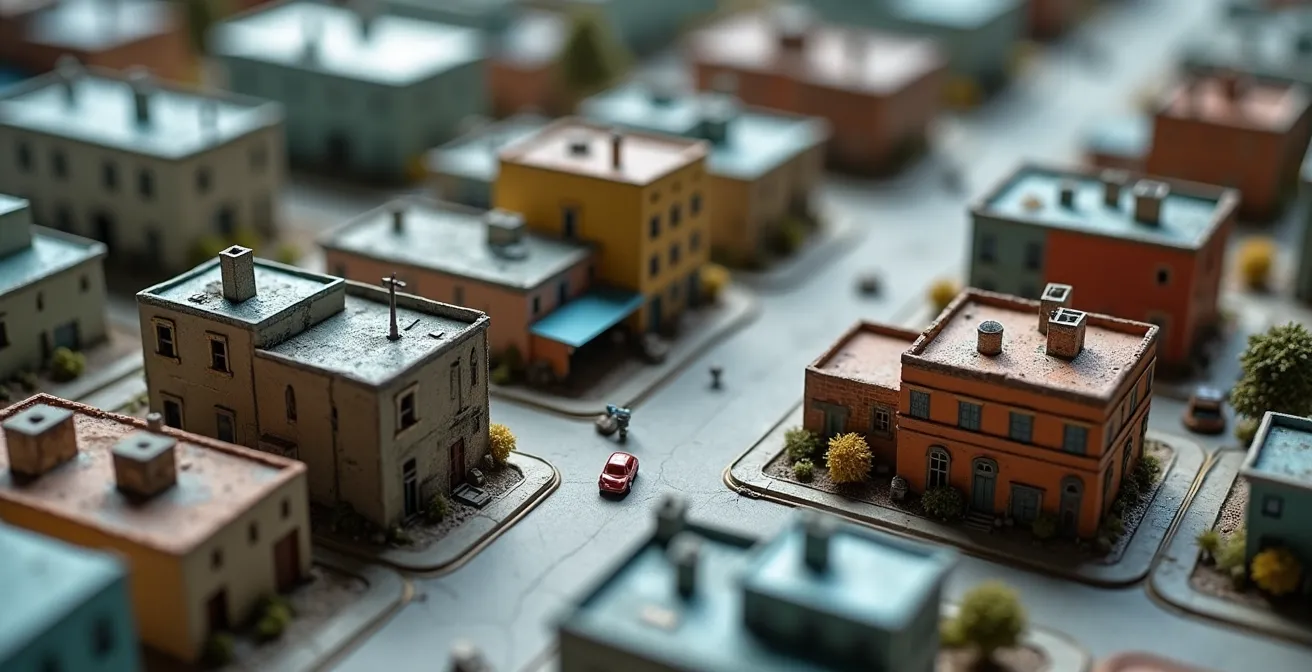 Aerial view of urban area showing economic contrast between thriving and declining districts