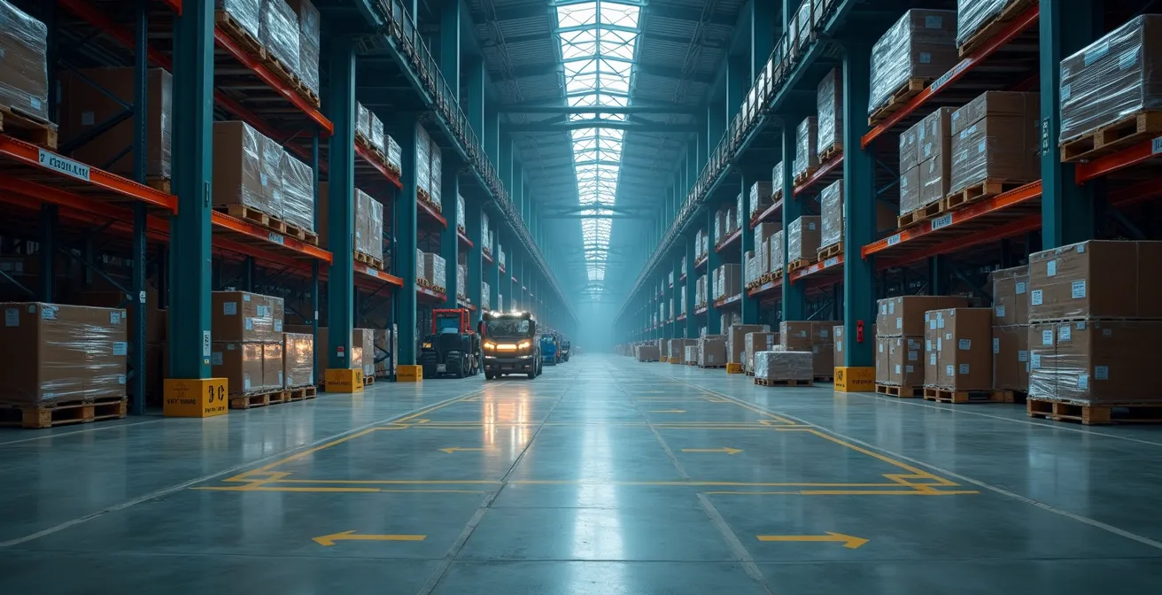 Interior perspective of modern warehouse showing optimized column spacing and automated systems