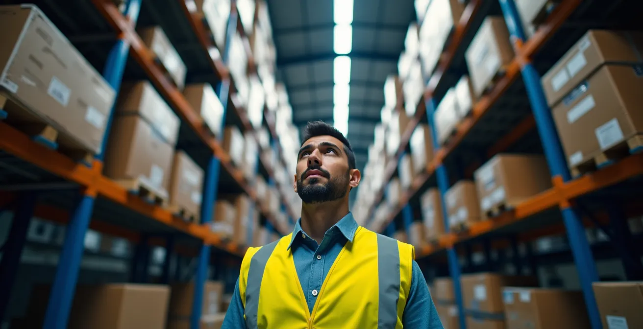 Vertical perspective of high-density automated storage racking reaching toward warehouse ceiling