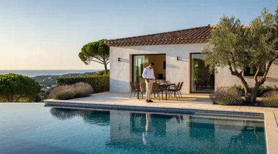Luxury Mediterranean villa with infinity pool overlooking the sea in Saint-Tropez, with professional concierge on terrace during golden hour