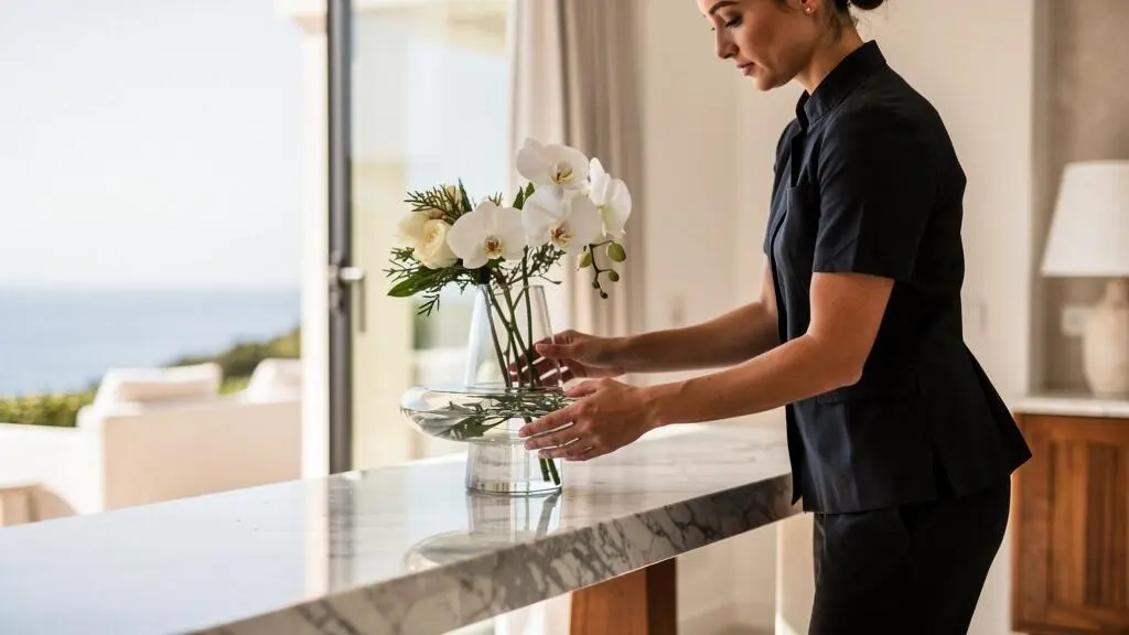 Professional villa staff member arranging fresh flowers on marble console inside luxury Saint-Tropez villa interior Professional villa staff member arranging fresh flowers on marble console inside luxury Saint-Tropez villa interior